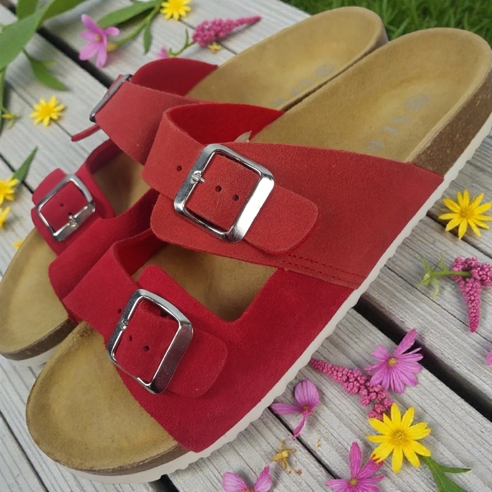 Serra Shoes Womens Size 10 Suede Leather Buckle Sandals Cork Footbed Slide New
